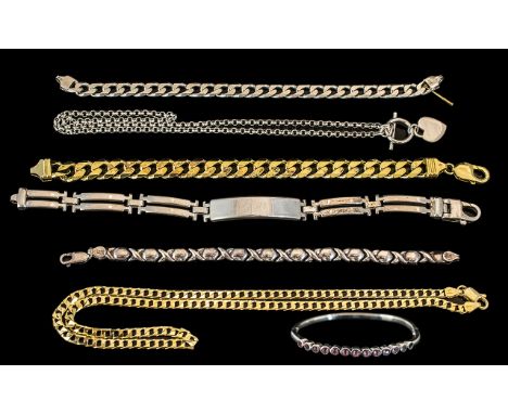 A Good Collection of Vintage Sterling Silver Items. Comprises of Chains and Bangles, Some Gold Gilt on Silver, I.D Bracelet e