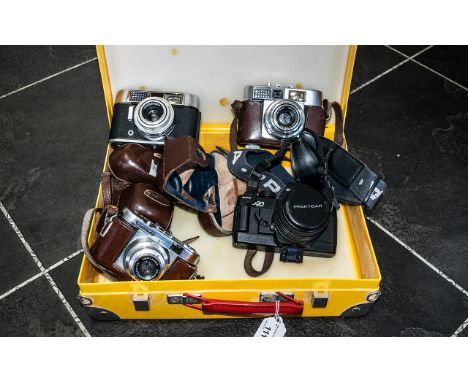 A Good Collection of Vintage Cameras with Leather Cases ( 4 ) Cameras In Total. Comprises 1/ Prakticar BX 20 Camera with Prak