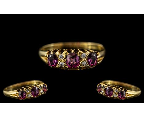 Antique Period - Exquisite 18ct Gold Ruby and Diamond Set Ring, Gallery Setting. Marked 18ct Gold to Interior of Shank. The N