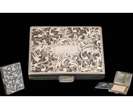 1920's Period - Ladies Superb Quality Sterling Silver Compact of Superior Quality With Deep Cut Floral Decoration to Front an