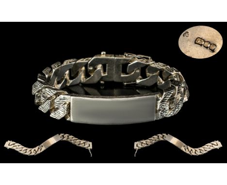 Gents - Vintage Sterling Silver Bark Finish I.D Bracelet. Full Hallmark for London 1978. 8 Inches - 20 cms In length. 84.6 gr