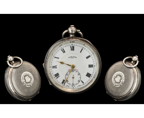 Sterling Silver Cased Open Faced Pocket Watch, Key-less Lever Movement, Enamel Dial, Gold Fingers. Hallmark Birmingham 1928. 