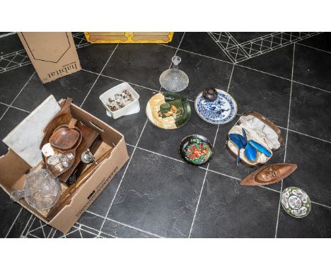 Box of Mixed Collectibles, comprising two Ship's Decanters with decorative stoppers, two wooden carved wall masks, 20" and 14