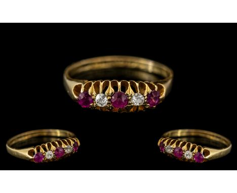 Antique Period - Exquisite 18ct Gold Ladies Superb Rubies and Diamond Set Ring. The Rubies of Natural Wonderful Colour with D