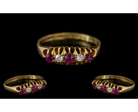 Antique Period - Exquisite 18ct Gold Ladies Superb Rubies and Diamond Set Ring. The Rubies of Natural Wonderful Colour with D