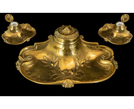 Victorian Period 1837 - 1901 Superb Ladies Brass - Ornate Inkwell and Stand. Complete with Ceramic Pot / Well. Wonderful Warm