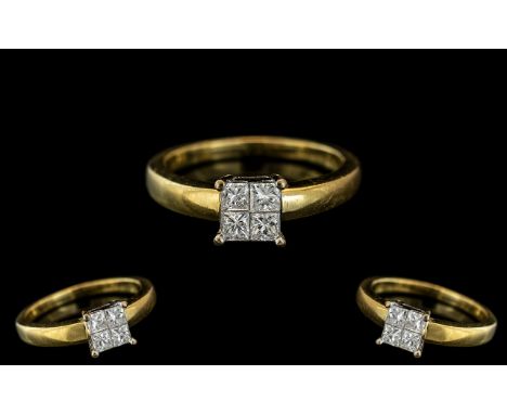 18ct Yellow Gold - Attractive and Top Quality Diamond Set Cluster Ring. Full Hallmark for 18ct to Interior of Shank. The Four