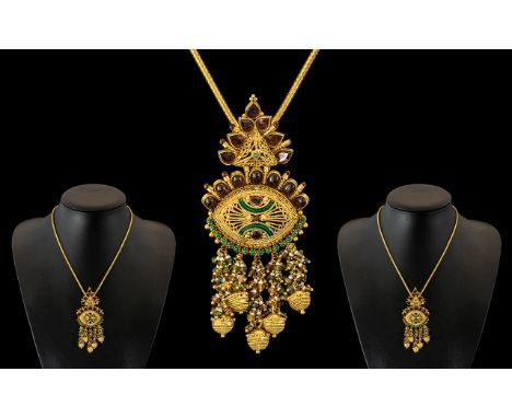 Indian 22ct Gold Pendant Set with Garnets, pendant in elaborate drop style with crown effect garnet set top, oval garnet and 