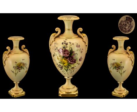 Royal Worcester Hand Painted Blush Ivory Tall and Impressive Twin Handle Urn Shaped Vase, Decorated with Painted Floral Image