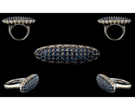 18ct White Gold - Unusual Bespoke Sapphire and Diamond Set Dress Ring, ' Torpedo ' Design, Excellent Setting. Marked 750 - 18