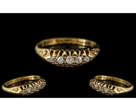 Ladies - 18ct Gold Attractive 5 Stone Diamond Set Ring - Gallery Setting. Hallmark Birmingham 1923, Also Marked 18ct, Henry W