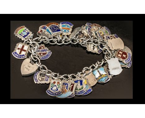 Vintage Solid Silver Charm Bracelet &amp; 35 Enamel Silver Travel Shields. 53 Grams In Total. Various British Travel Charms +