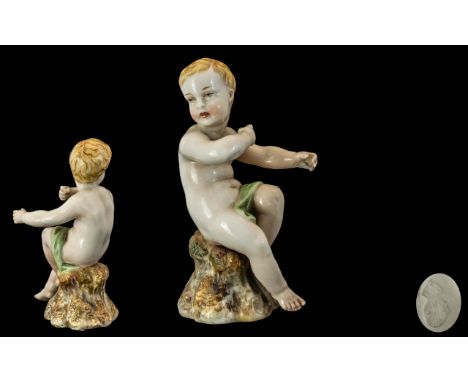 Royal Worcester Kerr and Binns 1862 Hand Painted Boy Figure Sitting on a Tree Stump. c.1862. Impressed Mark to Underside of F