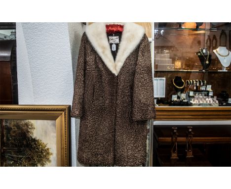 Ladies Vintage Astrakhan Brown Coat with Cream Mink Collar, made by Continental Furs of Blackpool, hook and eye fastening, tw