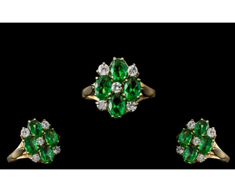 Ladies 9ct Gold Attractive Diamond and Green Stone Set Dress Ring. Marked 9.375 to Interior of Shank. All Stones of Good Colo