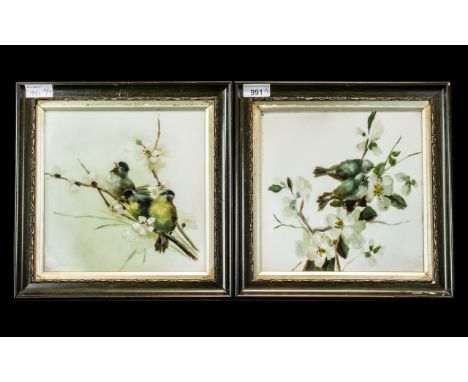 Two Mixed Media Paintings on Panel, depicting birds on branches.  Measures 9" square, framed and glazed.