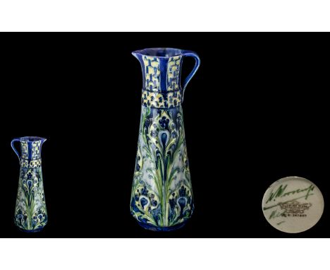 William Moorcroft Signed Florian-ware Jug ' Peacock Feathers ' Design c.1900-1910. Reg No 347807. Wonderful Strong Colours. L