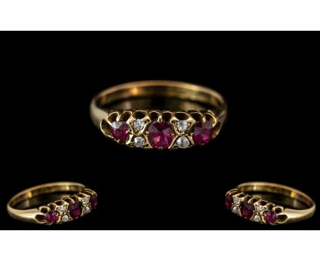 Late Victorian Period 18ct Gold Attractive Ruby and Diamond Set Ring, Gallery Setting. Full Hallmark for 18ct, Date Mark Birm