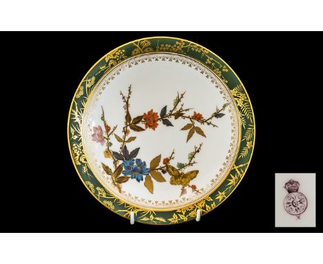 Royal Worcester - Superb Hand Painted / Enamel Cabinet Plate. The Centre Panel with Raised Painted Enamel Images of a Butterf