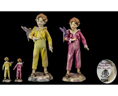Royal Worcester Fine Pair of Hand Painted Figures. Comprises 1/ ' Parakeet ' Early Figure, Pink Suit, Purple Bird. Issued 193