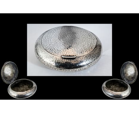 Arts and Crafts - Nice Quality Planished / Hammered Sterling Silver Circular / Spherical Shaped Snuff - Tobacco Lidded Box, V