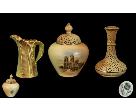 Royal Worcester Trio of 19th Century Small Ceramic Pieces. Comprises 1/ Royal China Works - Small Persian Style, Reticulated 