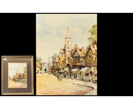 R H Holgate Watercolour of a Town Scene, signed bottom left.  Measures 12" x 9.5".  Mounted, framed and glazed.  Overall size