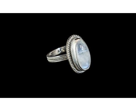 Moonstone Solitaire Ring, size R; 6.5cts of moonstone, with flashes of blue inner light or 'adularescence', in an elongated o