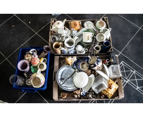 Large Quantity of Bric a Brac in four boxes, comprising pottery, glass and porcelain items, teapots, dog ornaments, vases, cu