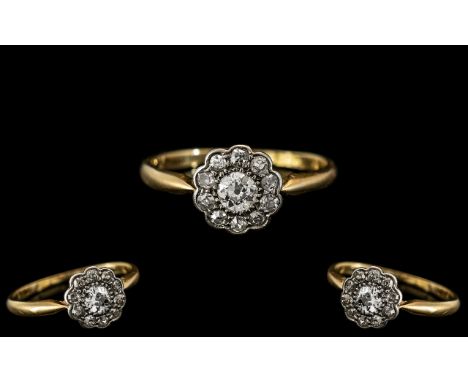 Edwardian Period 1902 - 1910 18ct Gold and Platinum Pave Set Diamond Cluster Ring, Flower head Design, Exquisite Setting. The