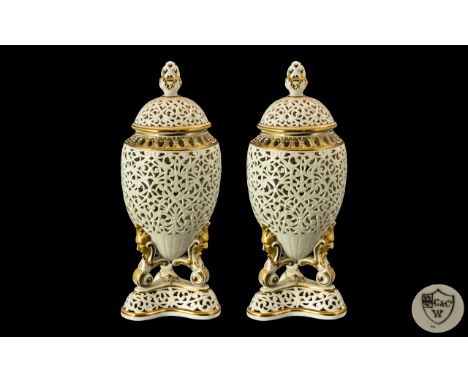 Royal Worcester Grainger &amp; Co Worcester Superb Pair of Covered Cream Reticulated Vases, Raised on Tripod Mask Pillow on A