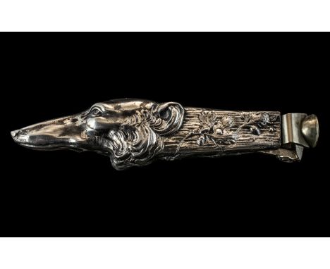Rare Victorian Silver Cigar Cutter In Form of a Dog of Large Size. Dog Is a Borzoi Hunting Dog of Large Size, Probably Contin