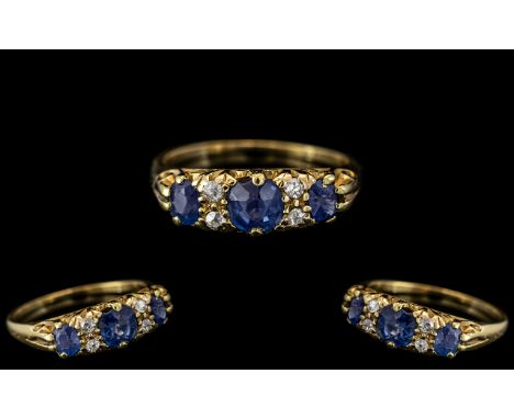 Edwardian Period 1902 - 1910 18ct Gold Attractive Sapphire and Diamond Set Ring. Full Hallmark for 18ct to Interior of Shank.