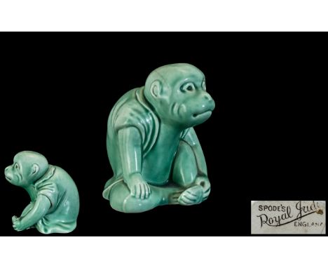 Spodes - Royal Jade Monkey Figure Wearing a Robe In a Seated Position. c.1930's. Height 4.25 Inches - 10.65 cms. Signed to Ba