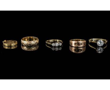 Collection of Four 9ct Gold Dress Rings &amp; Locket, comprising  an engraved gold band, a single CZ stone, a three stone dia