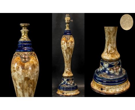 Doulton Lambeth Lamp Base.  A stunning tall lamp base by Doulton Lambeth c1900. Painted in muted mustard, blue and browns. Fu