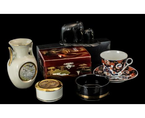 Collection of Small Oriental Items, comprising The Art of Chokin 24k edged lidded trinket pot, a bowl, and a 5.5'' vase, toge