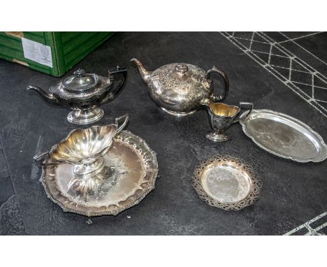 Collection of Vintage Silver Plated Ware, comprising a teapot, milk jug and sugar bowl with floral engraving, maker's mark HE