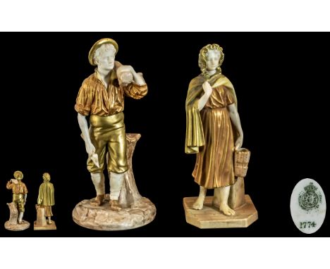 Royal Worcester 19th Century Fine Hand Painted Figures ' Woodcutter and Irish Woman From the Countries of the World ' ( Date 