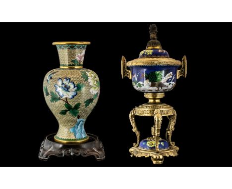 A Cloisonne Ormolu Mounted Table Lamp, possibly adapted late 18th early 20th century.  Blue ground enamel with floral decorat