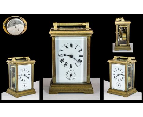 French Late 19th Century Superb Quality - Heavy Brass Cased Alarm Facility Carriage Clock, With White Enamel Dial and Lever, 
