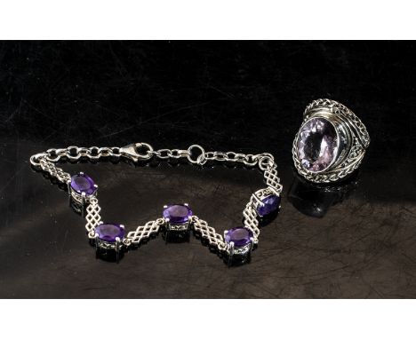 Rose De France Amethyst (8cts) sterling silver ring, sterling silver bracelet size 7.5 Inches. Please See Photo. With Box.