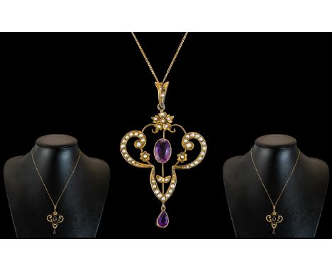 Victorian Period Superb 9ct Gold Amethyst and Seed Pearl Set Ornate Pendant Drop. Wonderful Design / Shape. Marked 9ct. c.188