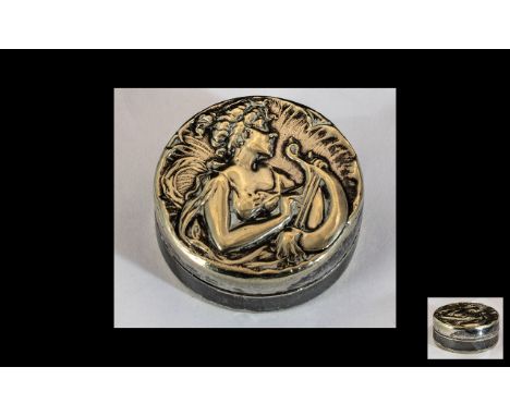 Art Nouveau Silver Plate Pill Box. Lovely Design with a Damsel Playing The Harp. Lovely Art Nouveau Design. 