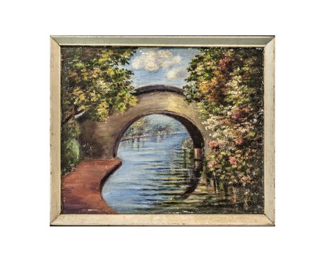 Impressionist Oil on Board. Lake Scene with Bridge and Flowers In Full Bloom. 12 by 11 Inches. 
