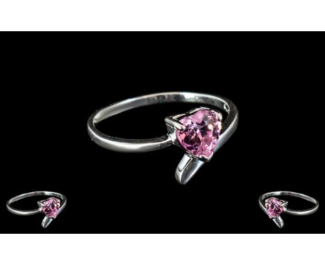 Ladies Silver and Heart Shaped Sparkly Pink Stone Ring. Heart Shaped Pink Stone, Approx 1 Ct, Set In Silver. Ring Size O. 