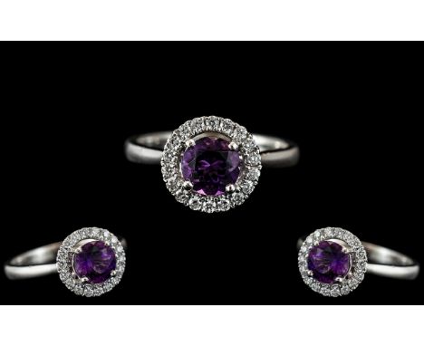Platinum - Superb Diamond and Amethyst Set Cluster Ring, Flower head Setting. The Diamonds of Top Colour / Clarity, And The A