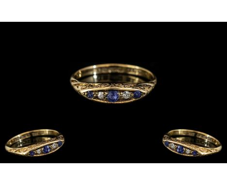 Ladies - Nice Quality 18ct Gold Diamond and Sapphire Set Ring, Scroll Setting. Excellent Colour / Clarity ( Natural ) Sapphir