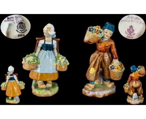 Royal Worcester - Early Pair of Hand Painted Figures ' Dutch Girl &amp; ' Dutch Boy ' Modelled by F. Gertner. Model No 2923 &