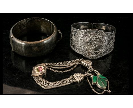 Victorian Silver Albertina with floral enamelled central panel and large Malachite fastener. Together with an Anglo-Indian si